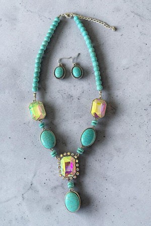 WESTERN TURQUOISE AB GEMSTONE STATEMENT NECKLACE EARRING SET