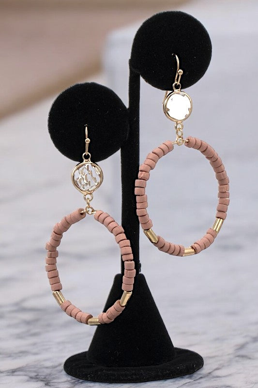 FACETED GEM WOOD BEAD CIRCLE DANGLE EARRING