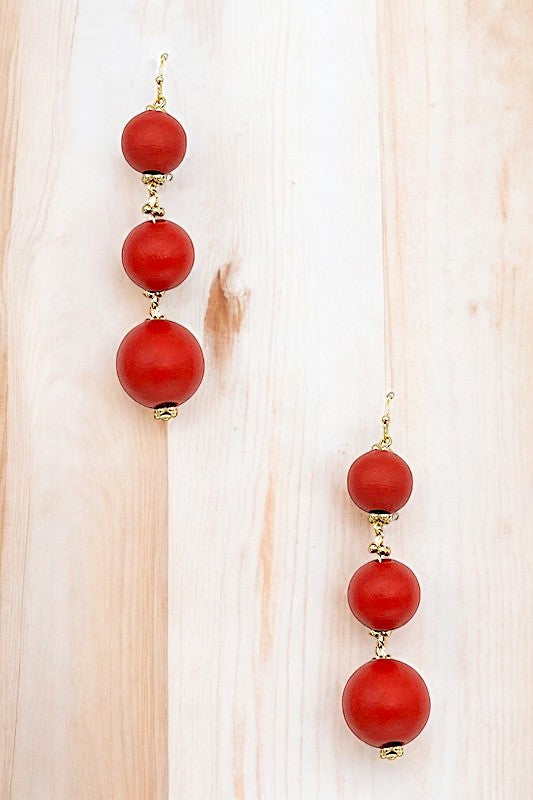 Triple Ball Wood Dangle Earring