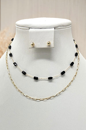 SINGLE CHAINI GEM STATIONED LAYERED NECKLACE AND EARRING SET