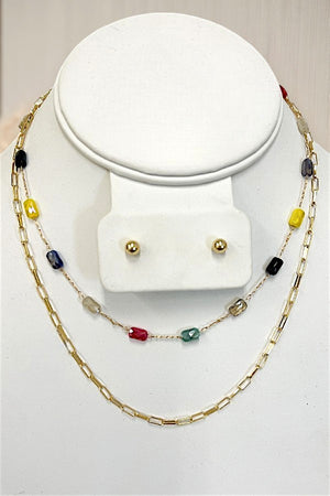 SINGLE CHAINI GEM STATIONED LAYERED NECKLACE AND EARRING SET