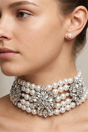 CRYSTAL GEM ORNATE PEARL CHOCKER NECKLACE EARRING SET