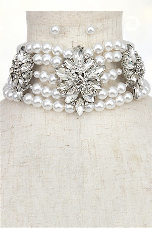 CRYSTAL GEM ORNATE PEARL CHOCKER NECKLACE EARRING SET