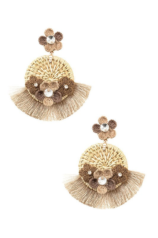 FLORAL ACCENT FRINGE WOVEN EARRING