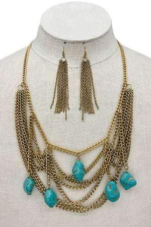 Draped Chain Nugget Gem Accent Necklace Set