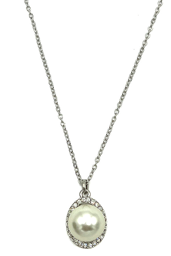 PEARL CZ STONE FRAMED PENDANT NECKLACE