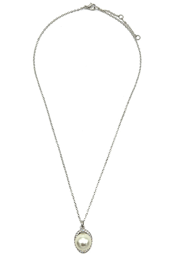 PEARL CZ STONE FRAMED PENDANT NECKLACE