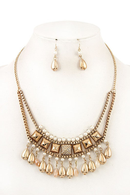 FACETED BEAD DANGLE BIB NECKLACE SET