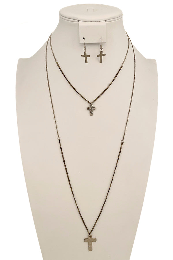 Layerd Long Cross Pendant Necklace