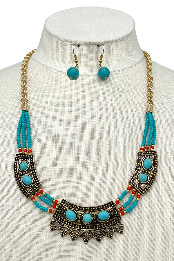 Gemstone Bead Ornfated Boho Necklace Set