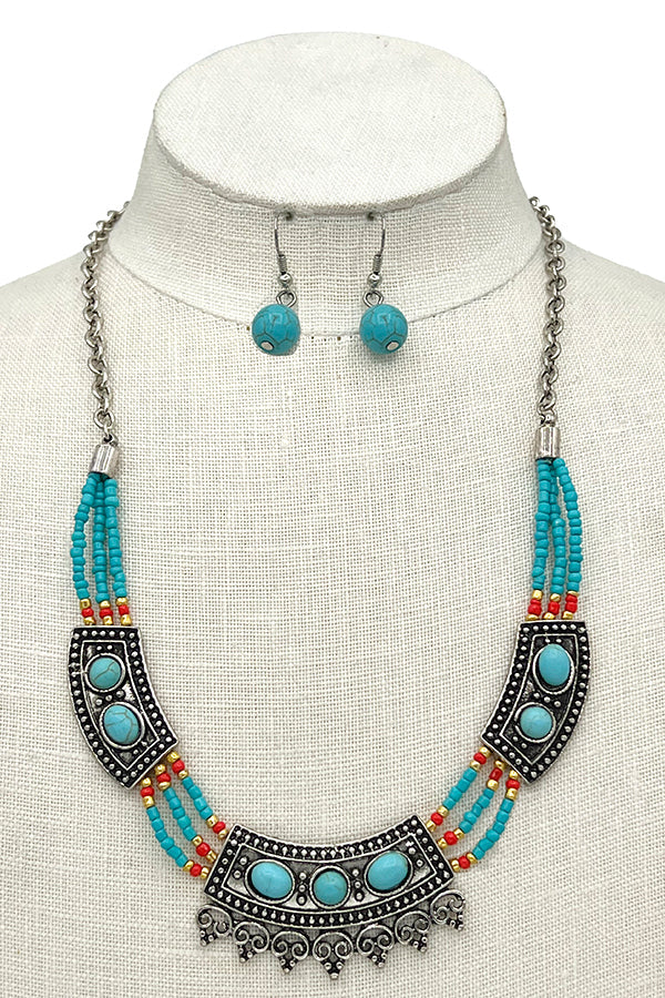 Gemstone Bead Ornfated Boho Necklace Set