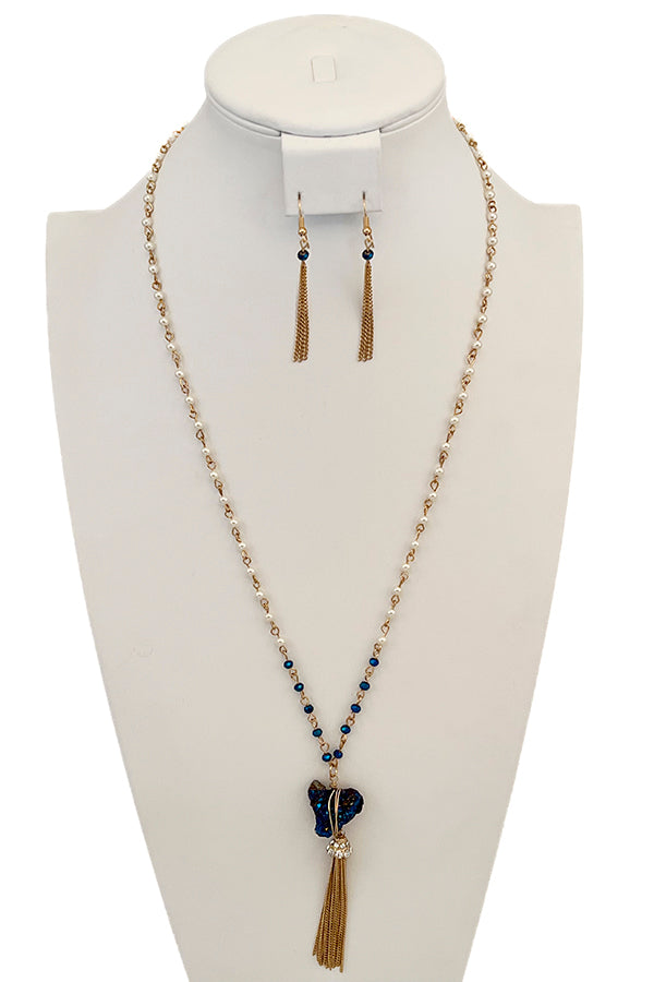 Pearl Bead Long Stone Pendant Necklace Set