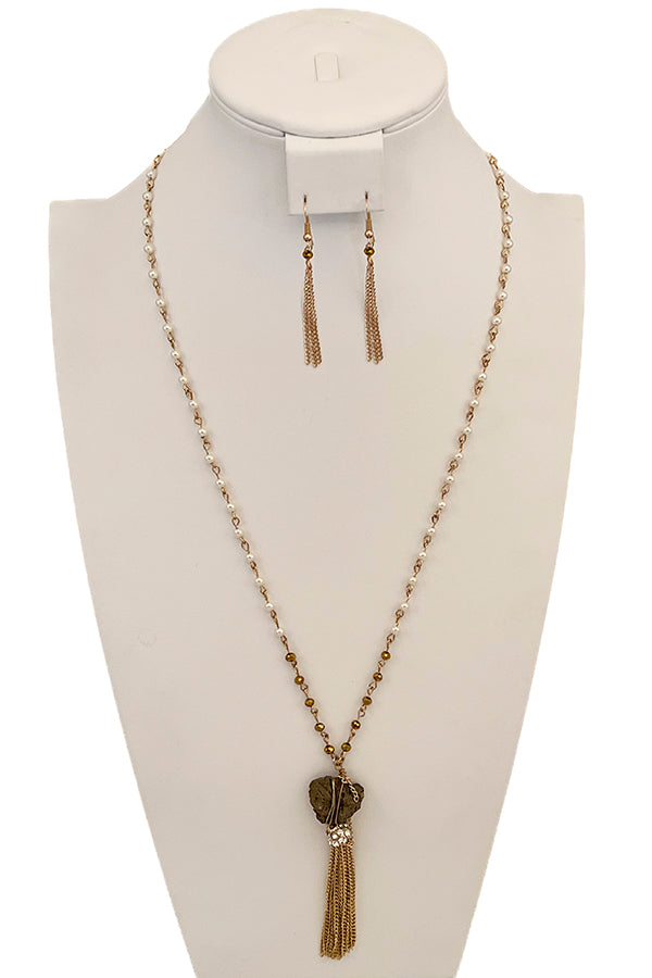 Pearl Bead Long Stone Pendant Necklace Set