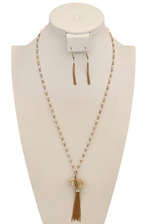 Pearl Bead Long Stone Pendant Necklace Set