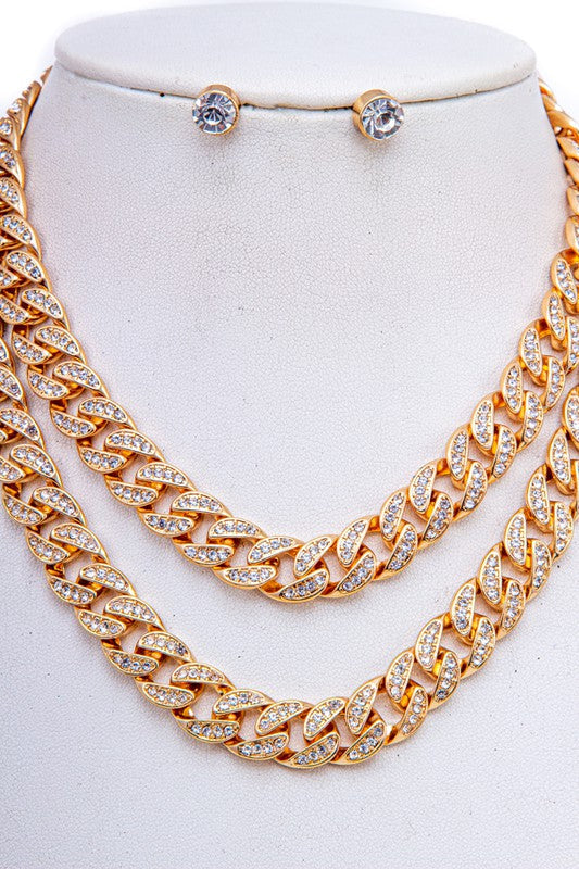 RHISNESTONE PAVE DOUBLE LAYER CHAIN NECKLACE SET