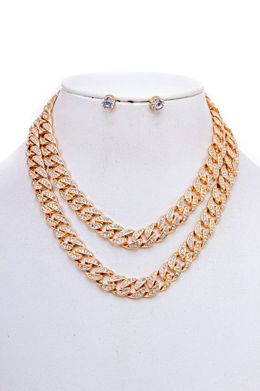 RHISNESTONE PAVE DOUBLE LAYER CHAIN NECKLACE SET