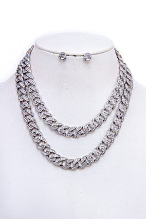 RHISNESTONE PAVE DOUBLE LAYER CHAIN NECKLACE SET