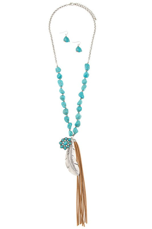 ETCHED LEAF FAUX SUEDE TASSEL GEMSTONE NECKLACE SET