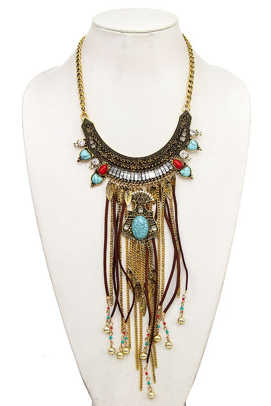 CRYSTAL GEMSTONE BEAD FRINGE BIB NECKLACE