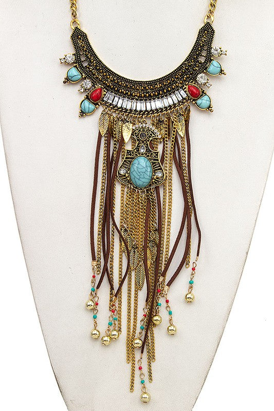 CRYSTAL GEMSTONE BEAD FRINGE BIB NECKLACE