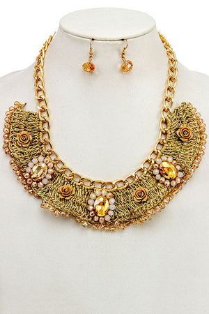 Woven Floral Gem Ornate Necklace Set