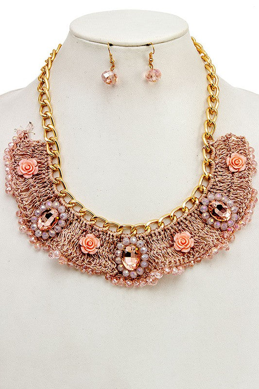 Woven Floral Gem Ornate Necklace Set