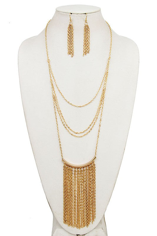 LAYERED LONG CHAIN TASSEL NECKLACE SET