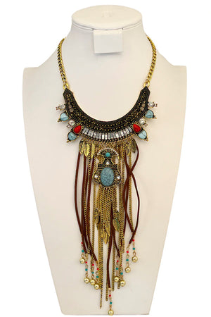 Gemstone Pave Orange Fringe Bib Necklace Set