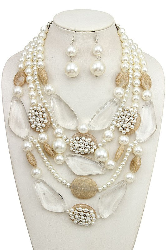 LAYERED PEARL MIX STONE BIB NECKLACE SET