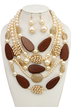 LAYERED PEARL MIX STONE BIB NECKLACE SET