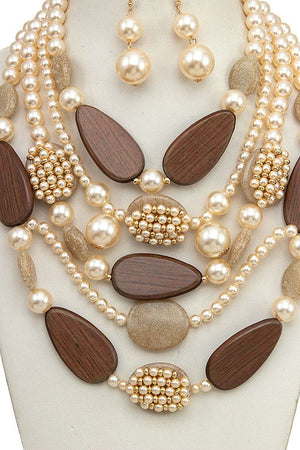 LAYERED PEARL MIX STONE BIB NECKLACE SET