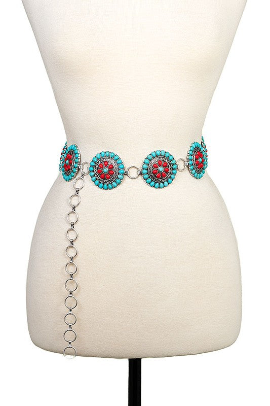 ROUND FLORAL GEM LINK CHAIN BELT