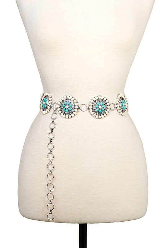 ROUND FLORAL GEM LINK CHAIN BELT