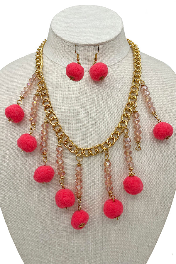 Multi Pom Pom Fringe Bib Necklace Set