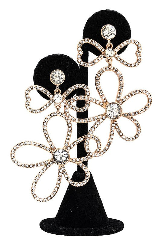 RHINESTONE PAVE DOUBLE FLORAL LINK DROP EARRING