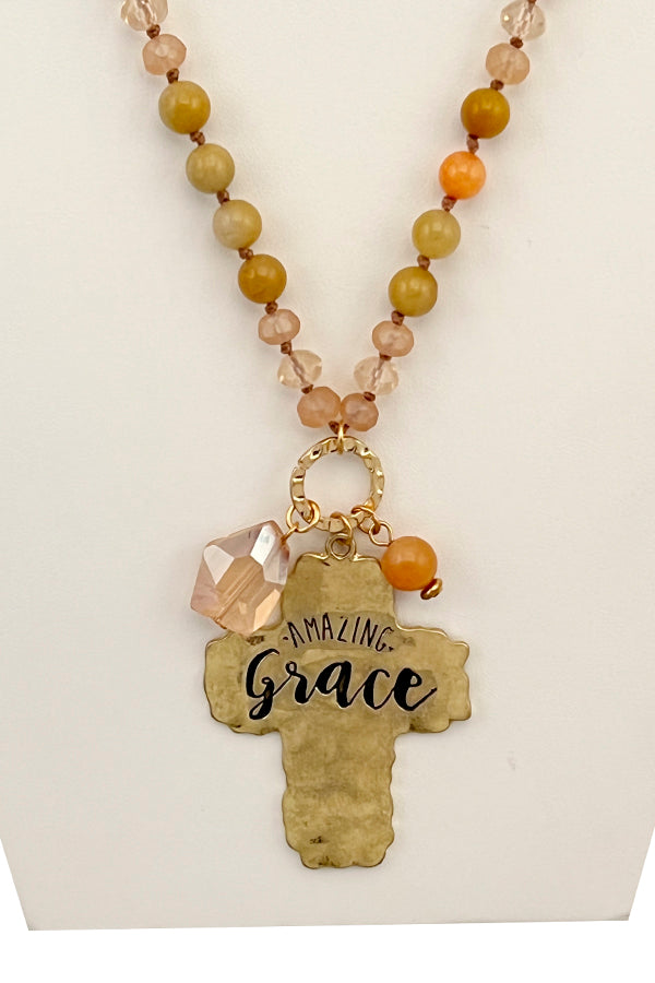 Etched Cross Pendant Beaded Long Necklace Set