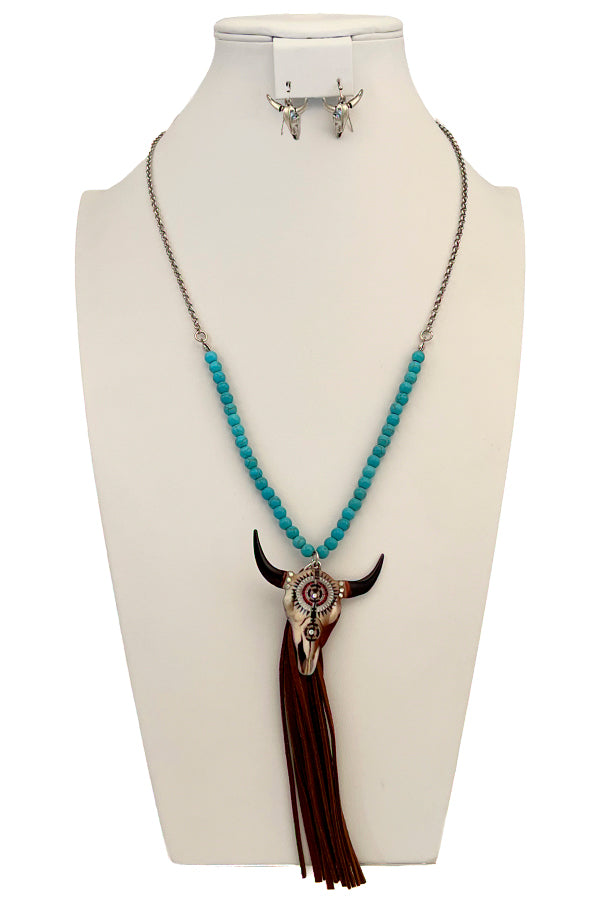 Bull Detail Tassel Bead Necklace Set