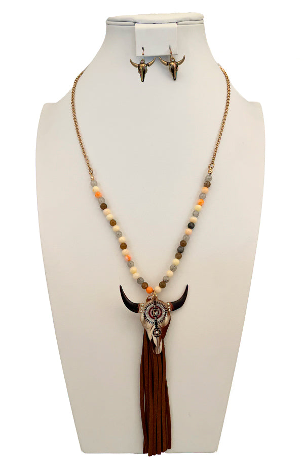 Bull Detail Tassel Bead Necklace Set