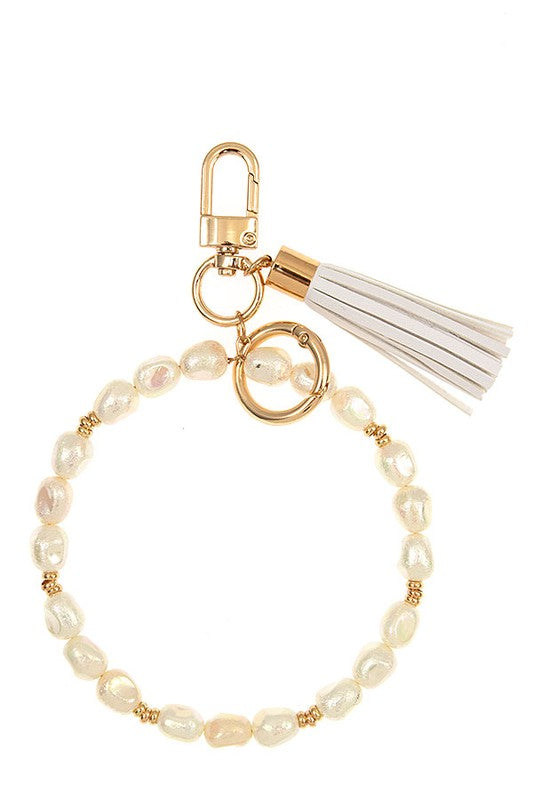 FAUX PEARL BEAD LINK TASSEL KEYCHAIN