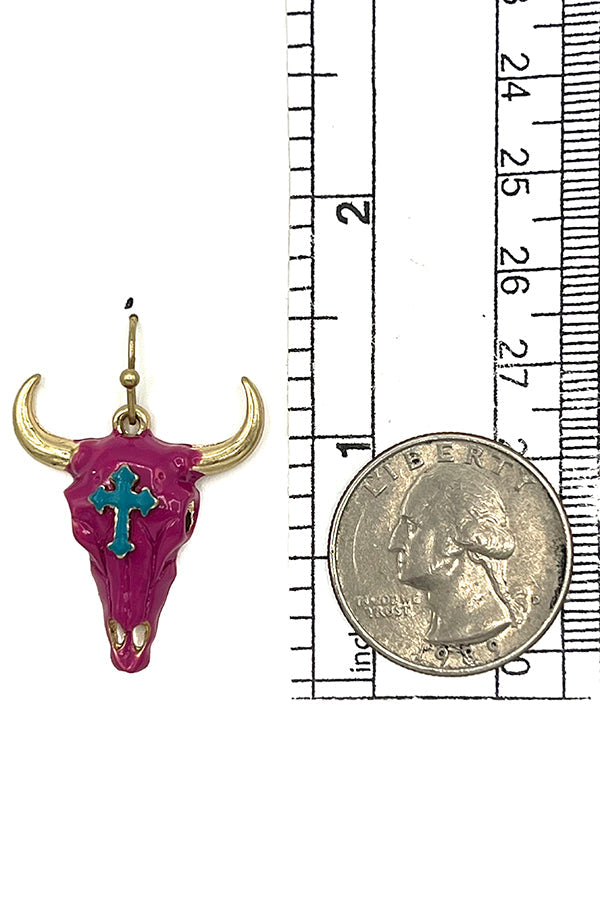 Cross Etched Bull Head Dangle Earring
