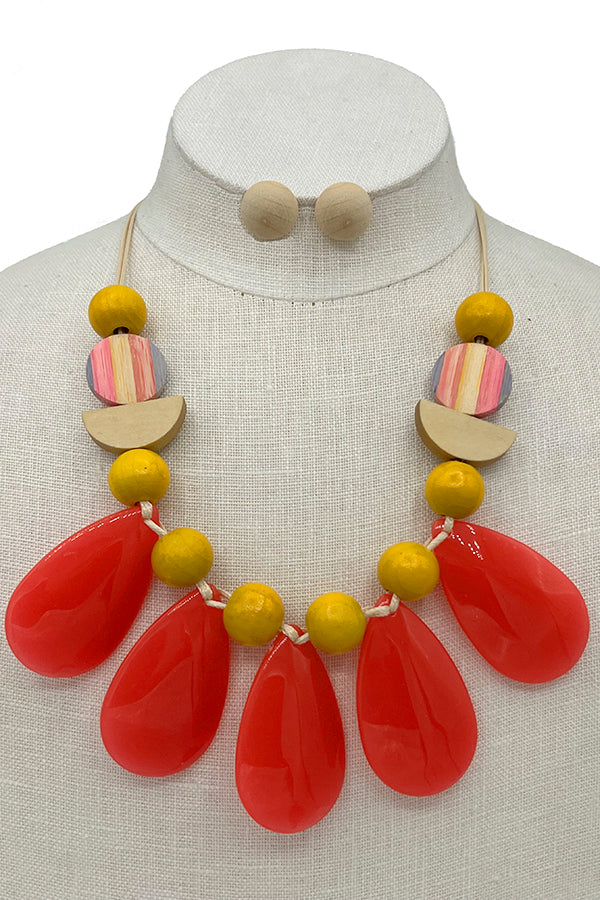 Wood Ball Teardrop Link Bib Necklace Set