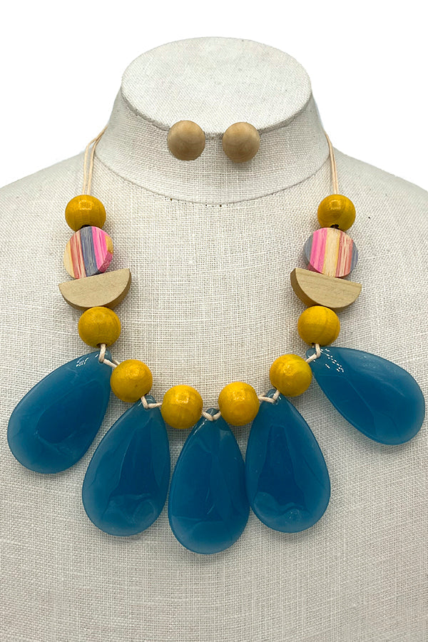 Wood Ball Teardrop Link Bib Necklace Set