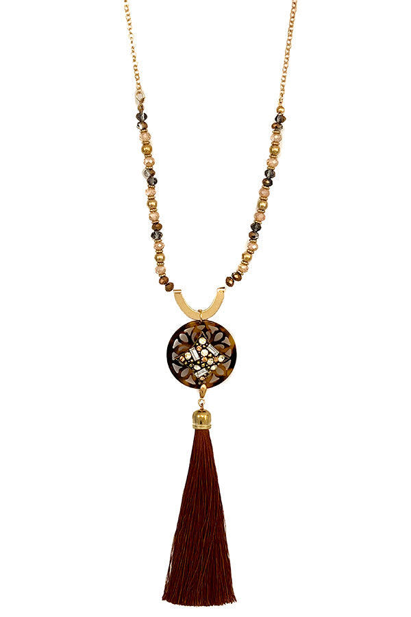 Elongated Gem Ornate Tassel Pendant Necklace Set