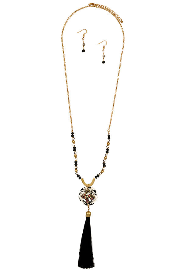 Elongated Gem Ornate Tassel Pendant Necklace Set