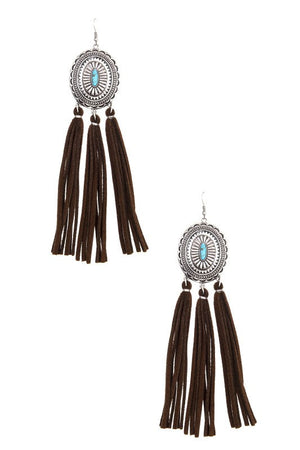 OVAL ETCHED LONG TASSEL EARRING