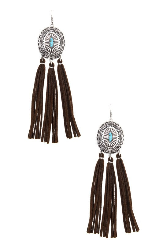 OVAL ETCHED LONG TASSEL EARRING