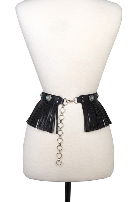 FRINGE CONCHO GEM FAUX LEATHER WAIST BELT