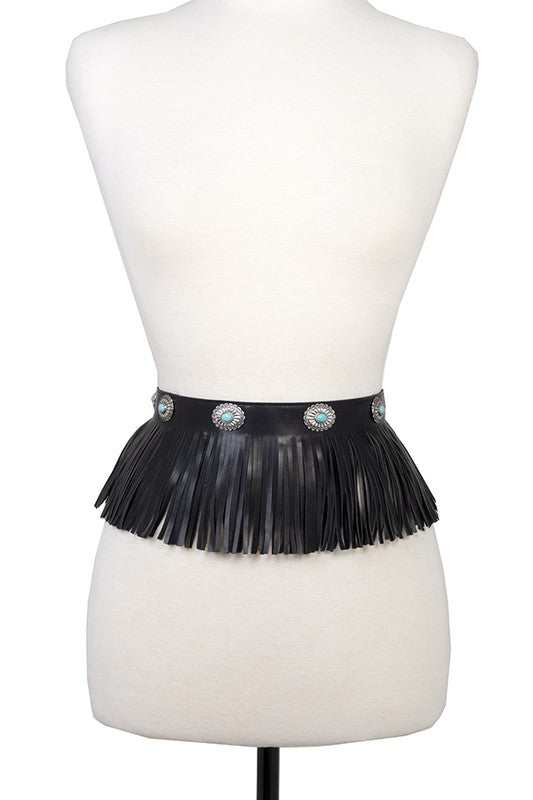 FRINGE CONCHO GEM FAUX LEATHER WAIST BELT