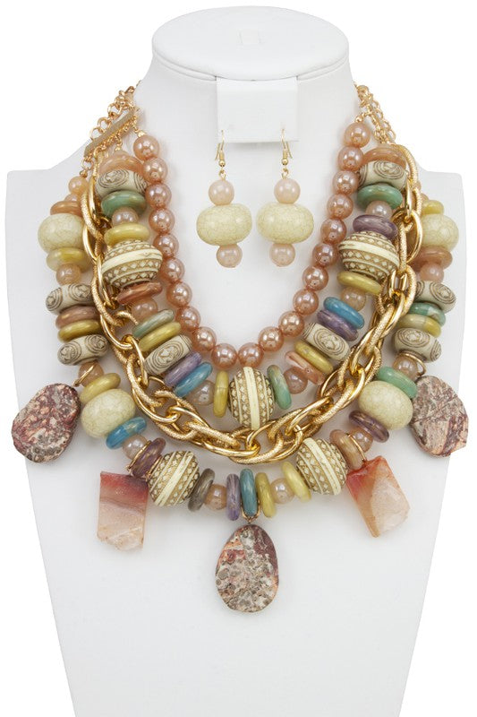 Layered Gemstone Bead Statement Necklace Set