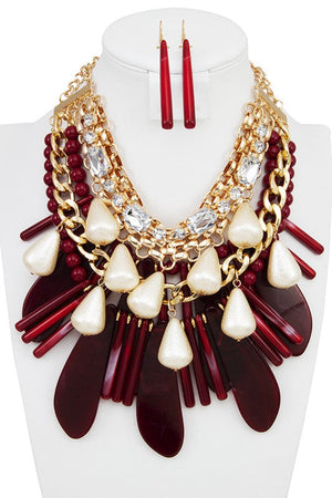 Multi Stone Fringe Pearl Chain Bib Necklace Set